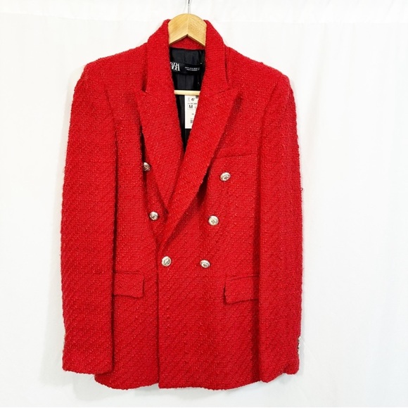 NWT ZARA Textured Double Breasted Red Tweed Blazer Jacket Blogger Favorite - Picture 4 of 15